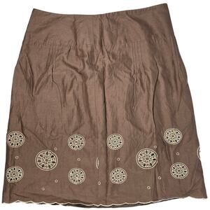 Ann Taylor‎ Loft Cotton Metallic Skirt Brown Embroidered Beaded Scalloped Hem 8